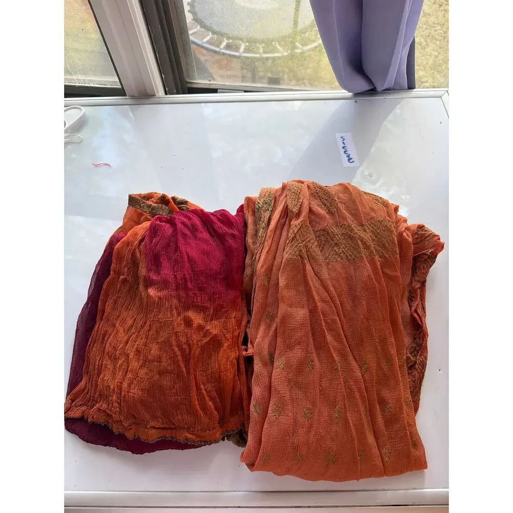 Woman Lot 2 Dupatta Scarves Maroon Orange Crinkled Chiffon Ethnic Wrap Size OS